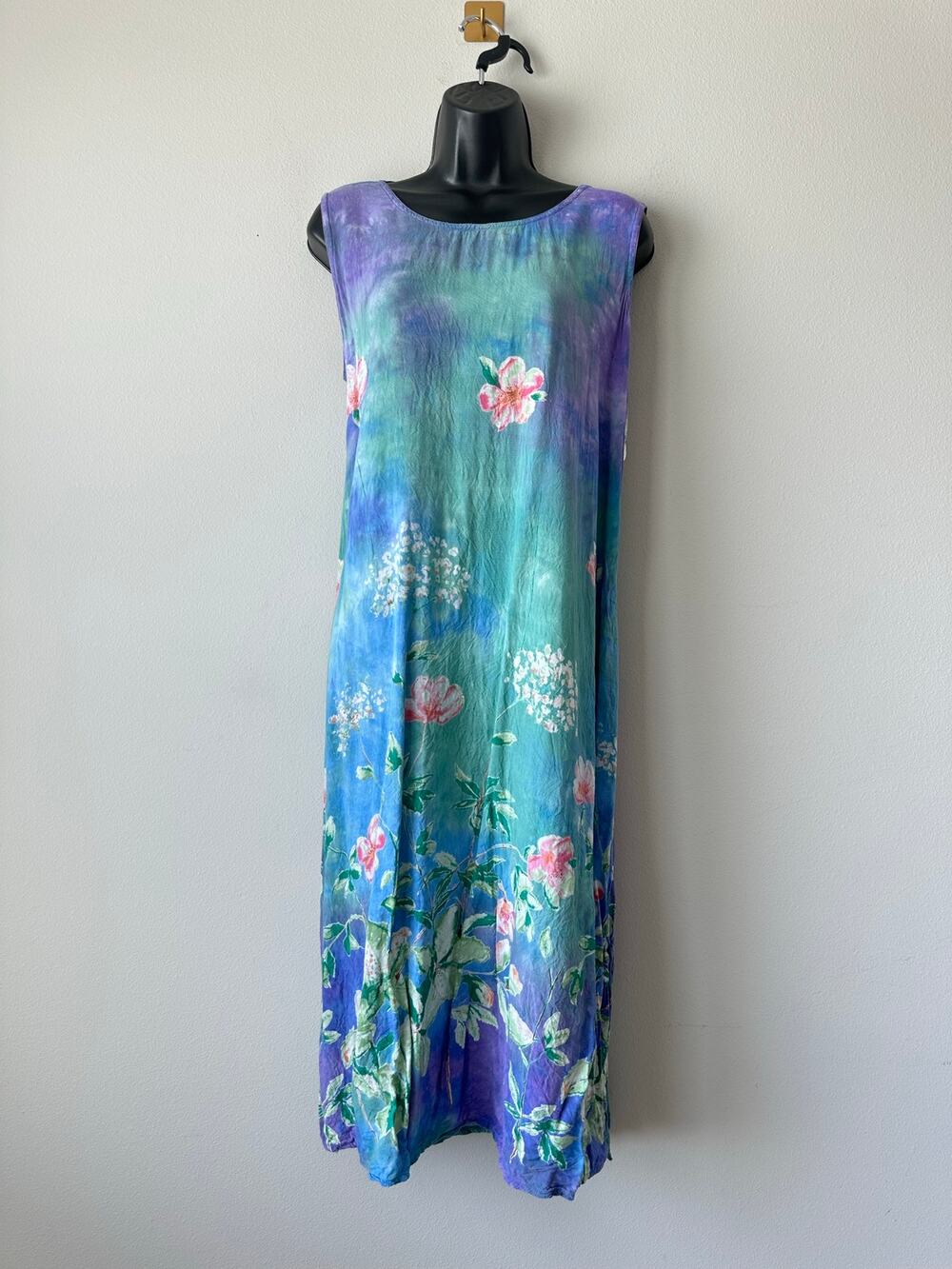 Vintage 90s Rayon Floral Maxi Dress Artsy Watercolor Cottagecore Lagenlook L